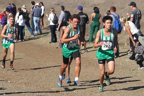 Boys varsity team places third at CCS, qualifying for the CIF State Meet for the second time in school history. From left to right: junior Matthew Bennett, junior Max Sawyer and freshman Ryan Ma. Photo courtesy of Rebecca S.
