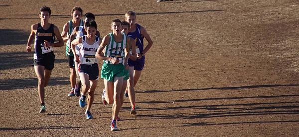 Caption: Senior Daniel Graves leads group of runners at SCVAL league finals along with senior Christopher Reed and junior Max Sawyer. Photo courtesy of Ray O'Brien