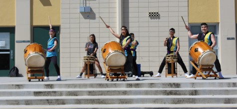 San Jose Taiko performs during lunch on the stage in the quad. 