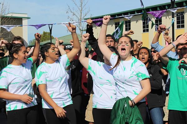 (From left) Seniors Shai Davis, Mehvish Ali and Julia Verbrugge led their class to win second place in the class cheer-off.
