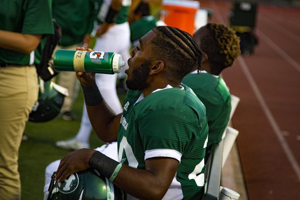 Rajah Ward cools off after scoring a fourth touchdown against San Lorenzo High School, Sept. 2