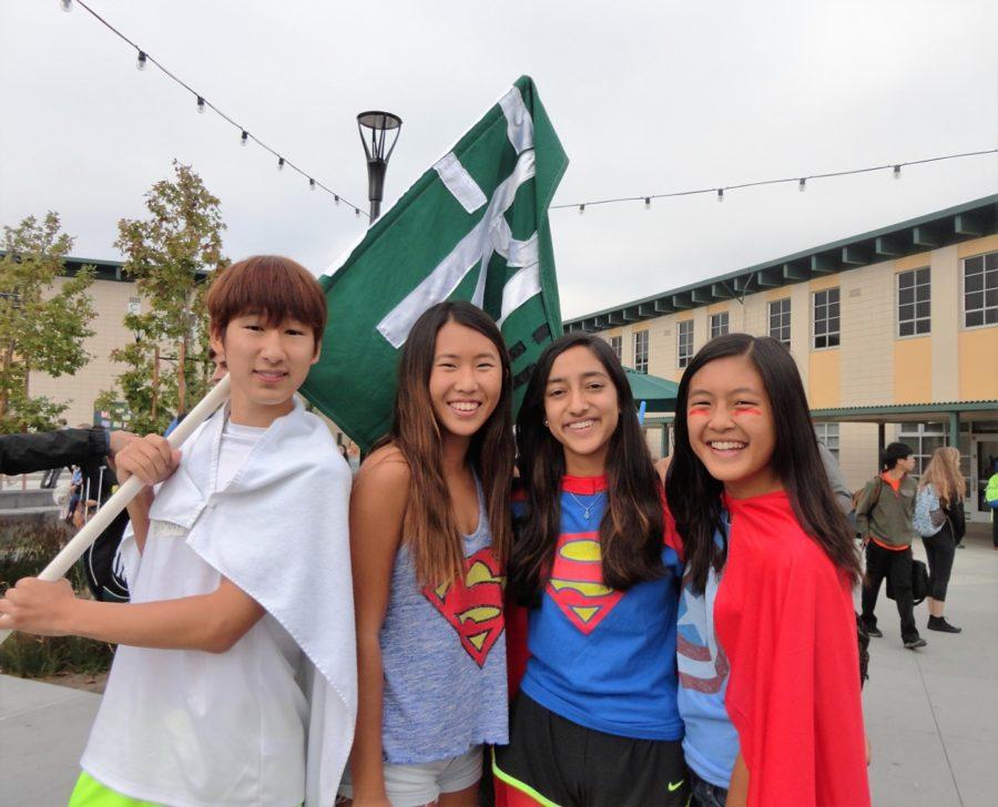 Jiyong+Shim%2C+Carolyn+Shan%2C+Anoushka+Tambay+and+Sophie+Chen%2C+freshmen%2C+get+ready+for+brunchtime+cheer-offs+during+Homecoming+Week.