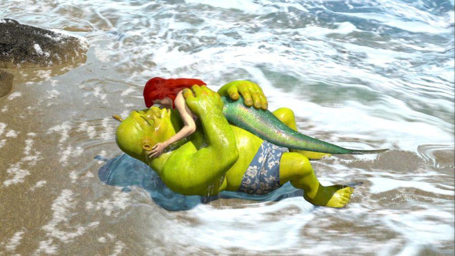 Here, Shrek accidentally ends up kissing Ariel from “The Little Mermaid” on his honeymoon with recent wife Fiona in “Shrek 2” (2004). Fiona reacts by grabbing Ariel by the tale and throwing her back into the ocean, to the sharks. (Photo courtesy of Dreamworks Pictures)