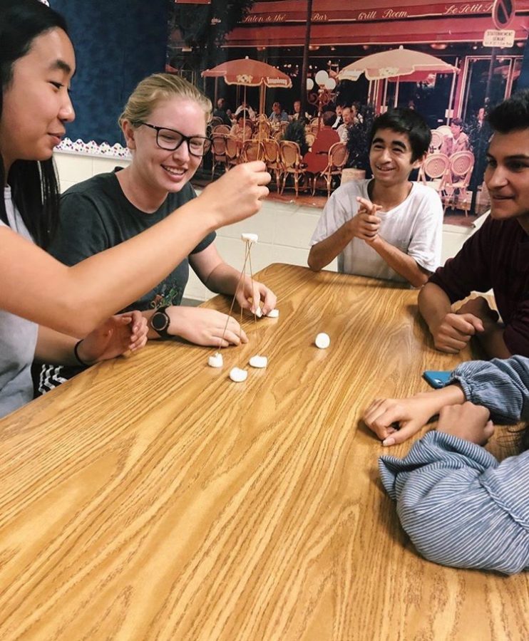 FNHS members build a marshmallow and spaghetti tower during a team building activity.