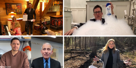 Late-night TV hosts are delivering a unique take on comedy in their living rooms and backyards following concerns surrounding the coronavirus pandemic in early March. Clockwise, from top left, segments from “The Tonight Show Starring Jimmy Fallon,” “The Late Show with Stephen Colbert,” “Full Frontal with Samantha Bee” and “The Daily Show” with Trevor Noah (interviewing Dr. Anthony Fauci).