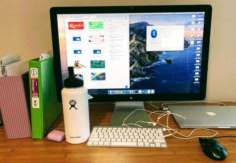 Students have found different ways to organize themselves at home. This is sophomore Karina Lim's desk.