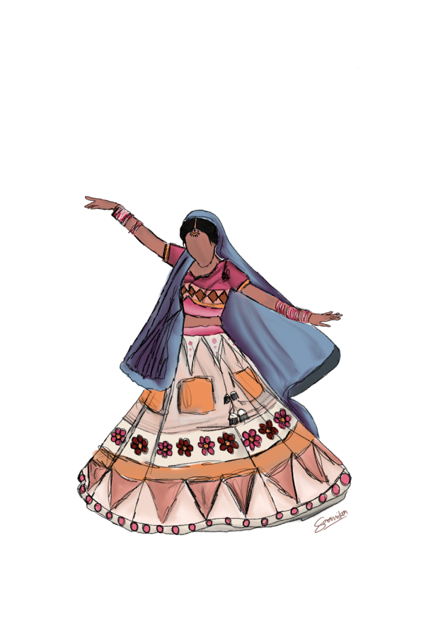 This dress is similar to an Indian bridal dress known as a lehenga, characterized for its use of colorful fabrics
