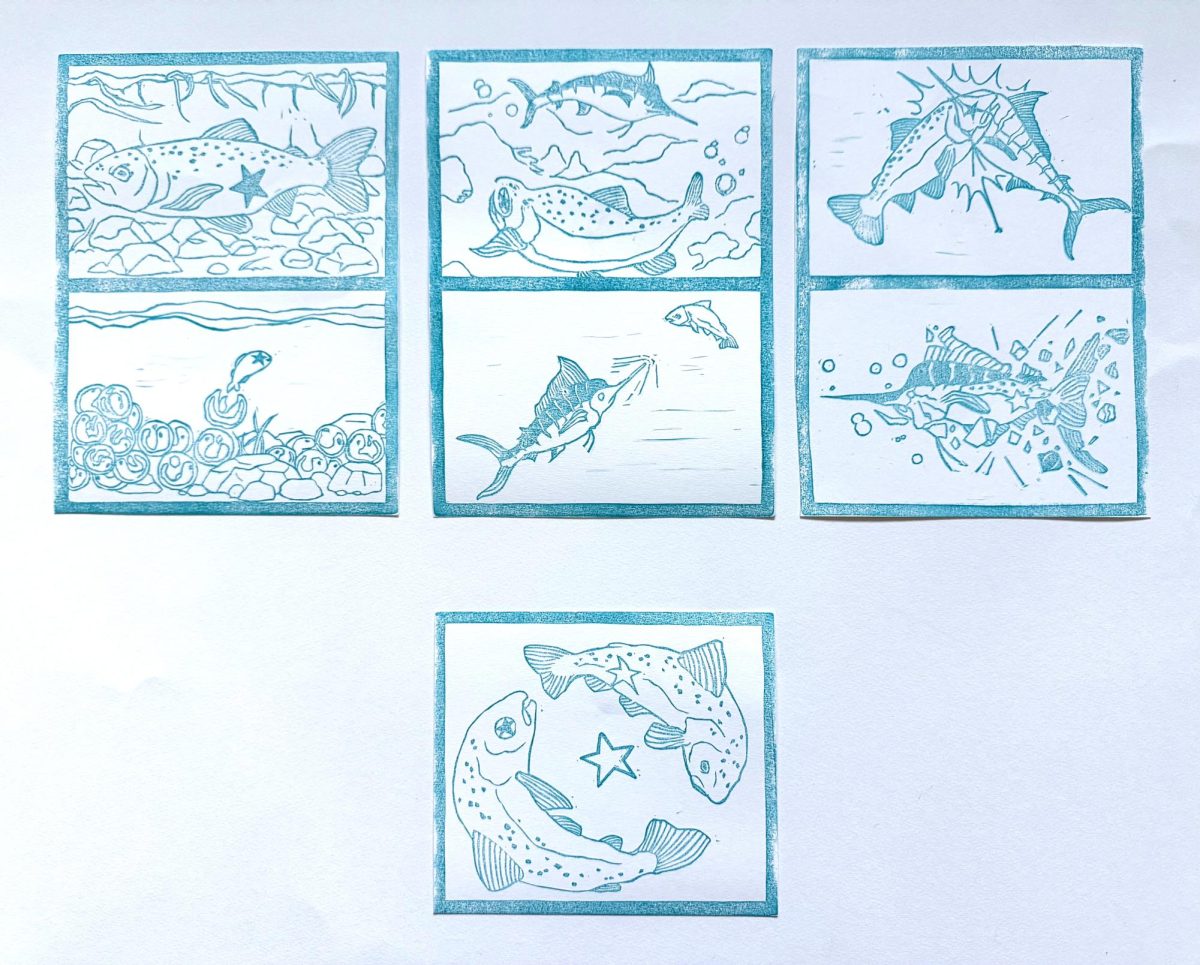 After reflecting on his relationship with his mother, Fischer said he designed a series of linoleum stamps titled “Nozomi.”