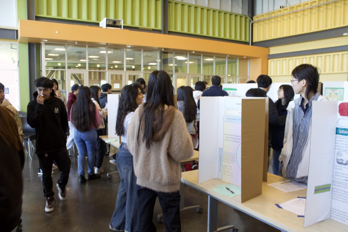 Students examine insightful projects, taking notes at each presentation.
